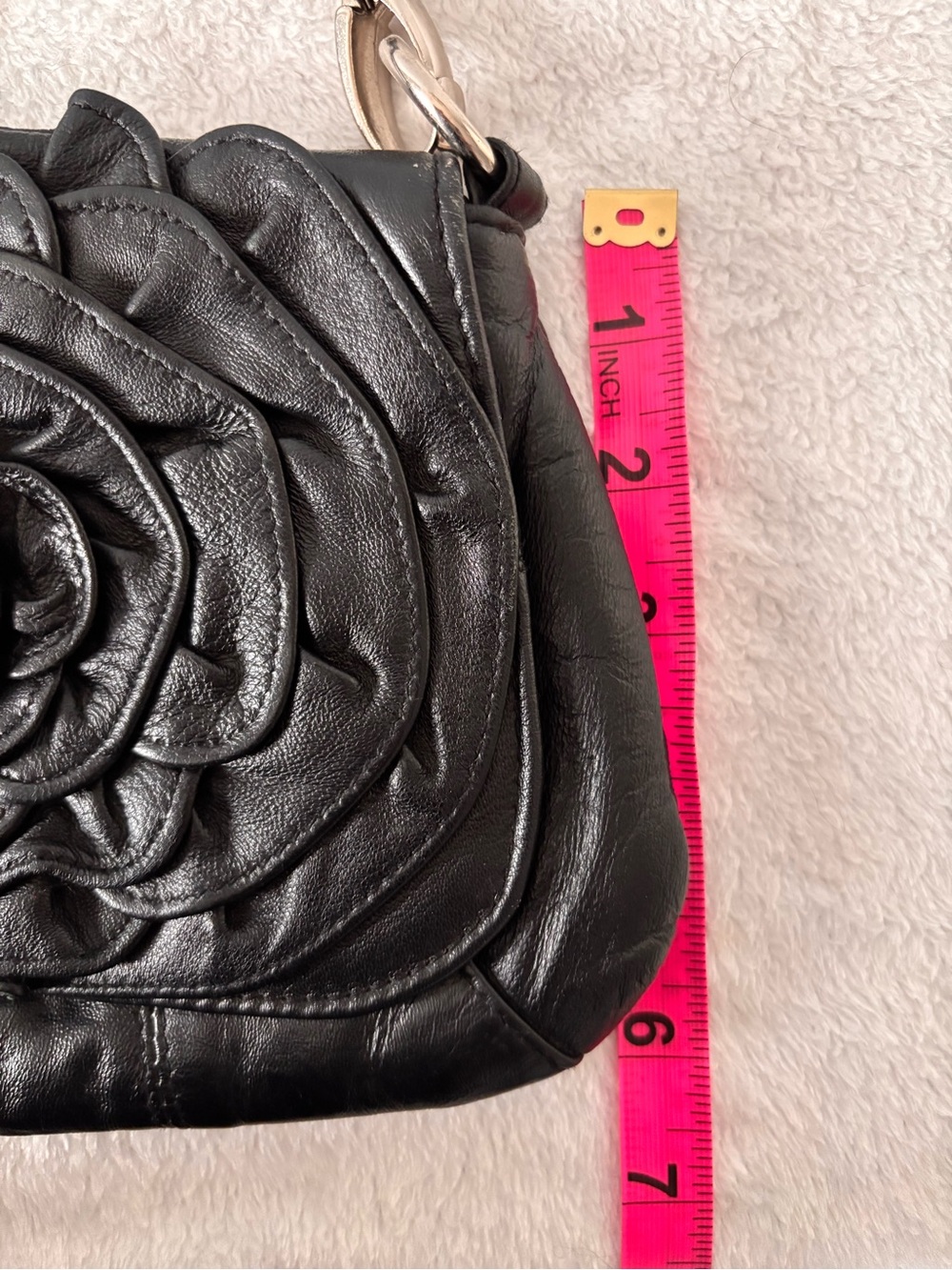 Genuine Leather Black Floral Rosette Shoulder Bag Coquette Romantic Cottagecore - Picture 9 of 11